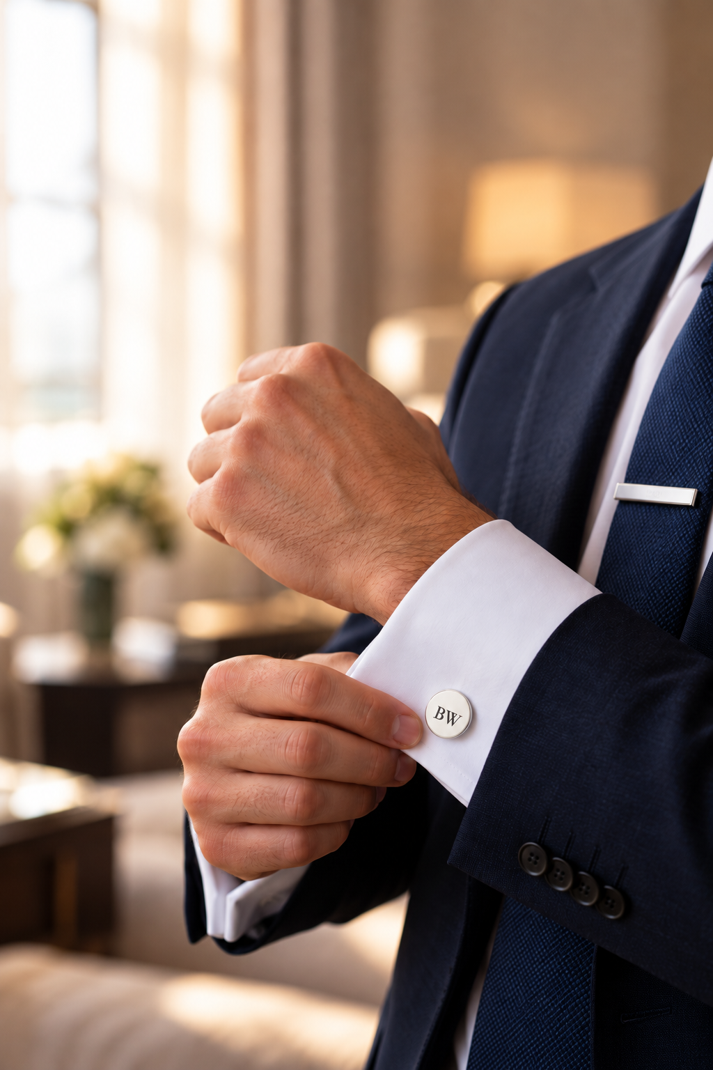 Groom fastening an engraved round cufflink