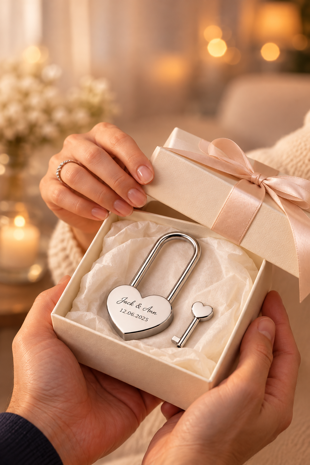 Engraved heart love lock in an ivory gift box