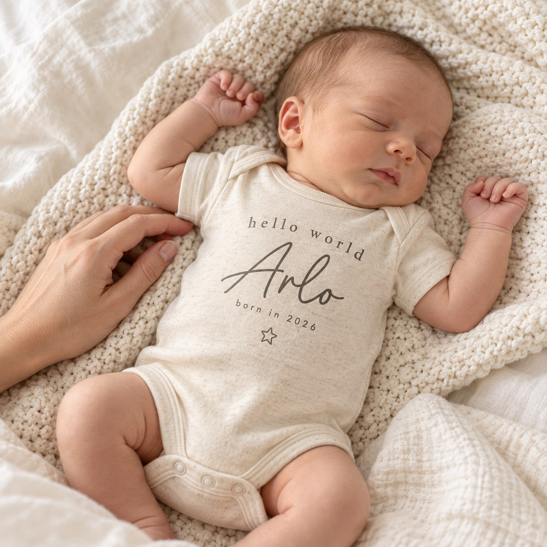 Newborn baby wearing a personalised Hello World baby announcement bodysuit