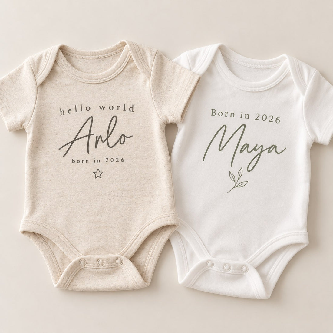 Hello World and Born in 2026 personalised baby bodysuit design options