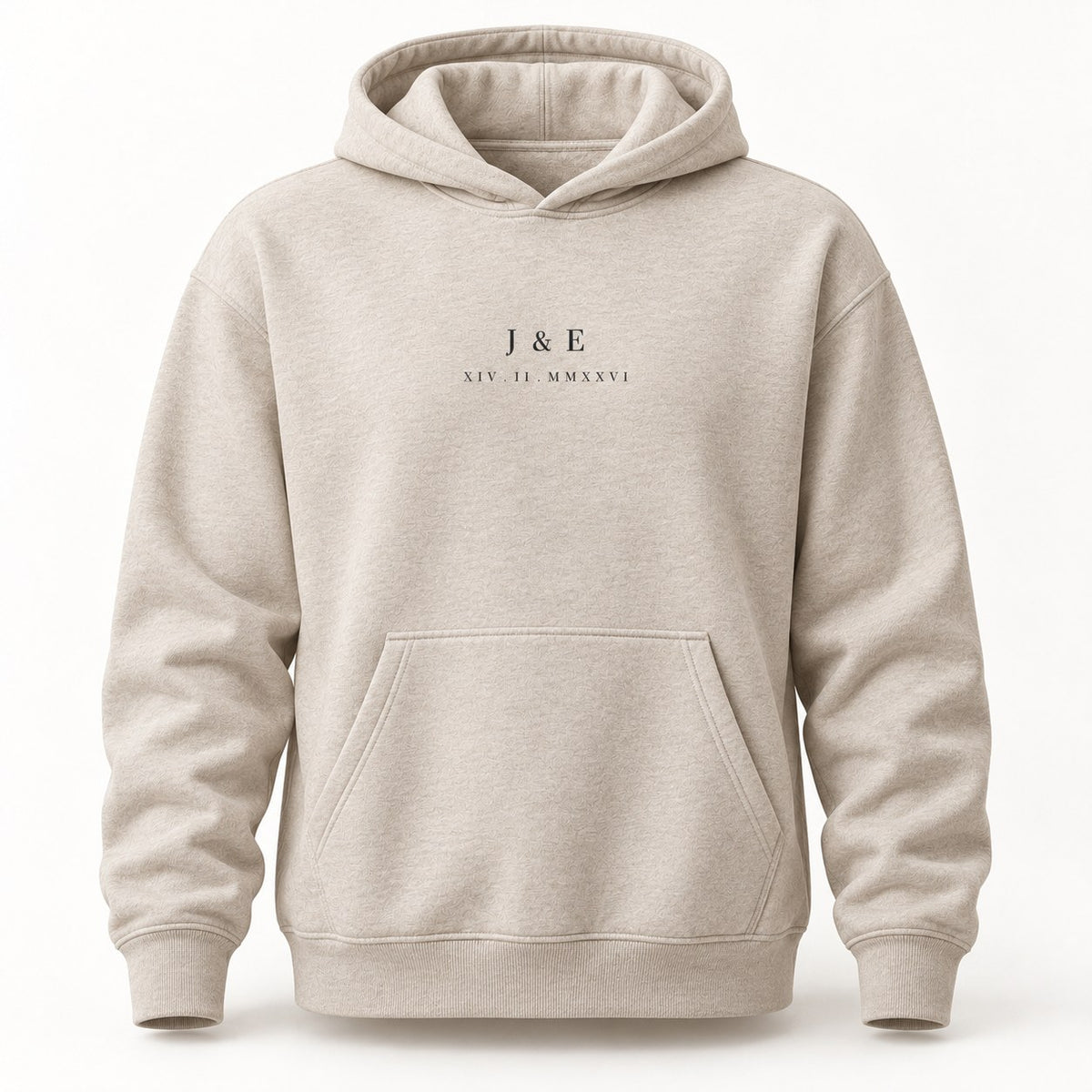 Personalised hoodie with couples initials and Roman numeral date on the chest