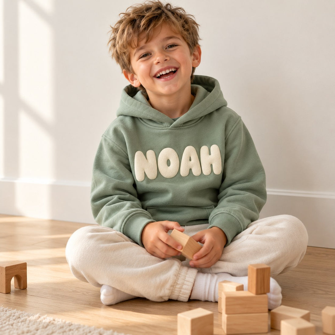 Child wearing a personalised sage hoodie with his name on the chest