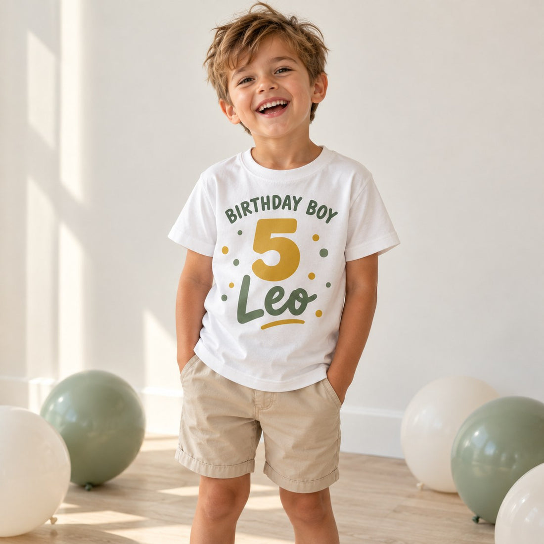 Boy wearing a personalised Birthday Boy t-shirt with his name and age