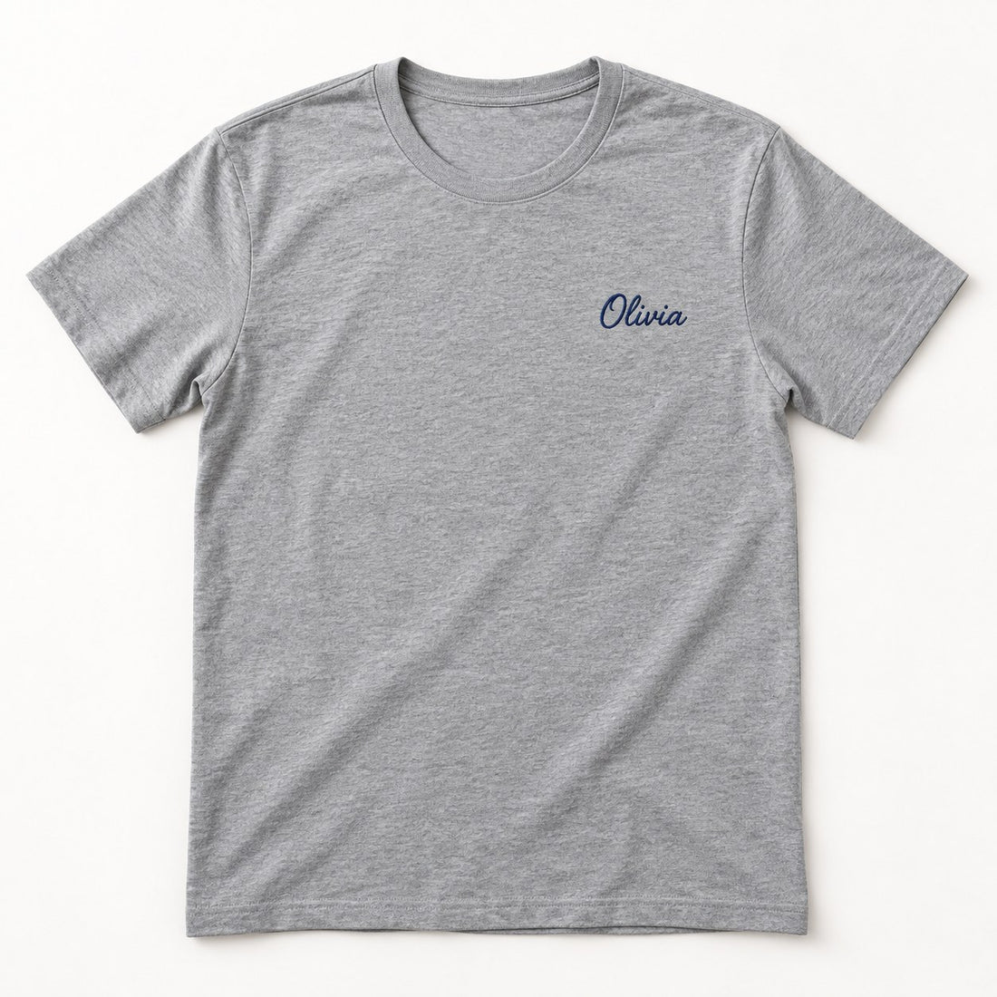 Personalised grey t-shirt with embroidered-look script name on the left chest