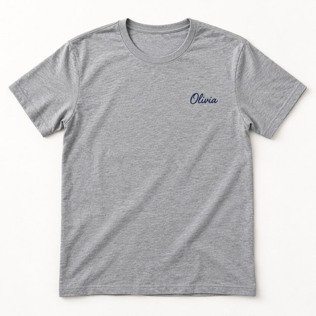 Personalised grey t-shirt with embroidered-look script name on the left chest