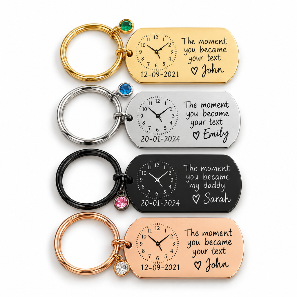The moment you became keychain with clock engraving and birthstone in gold, silver, black and rose gold