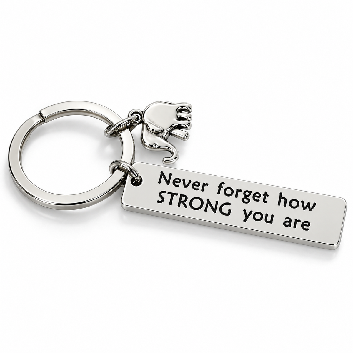 Never forget how strong you are silver bar keychain with elephant charm