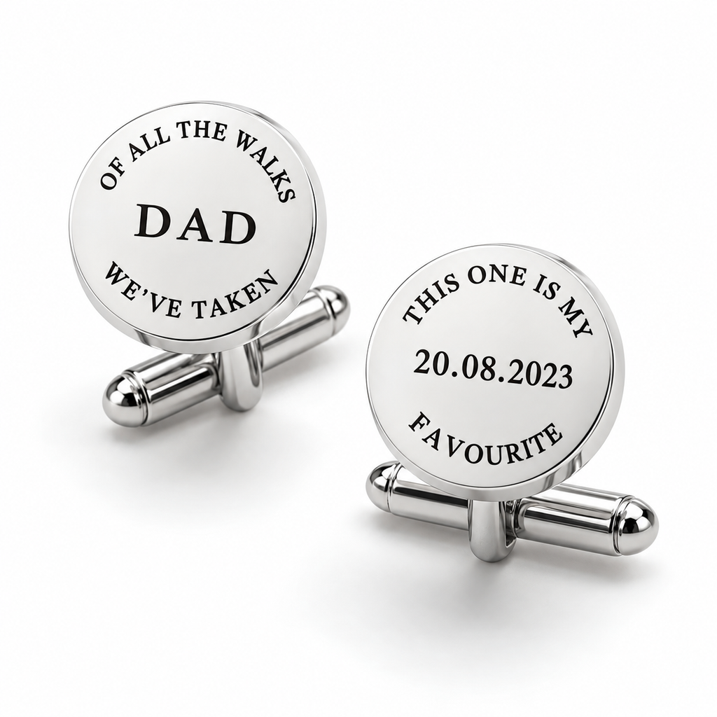 Of all the walks personalised silver cufflinks for Dad, engraved with wedding date