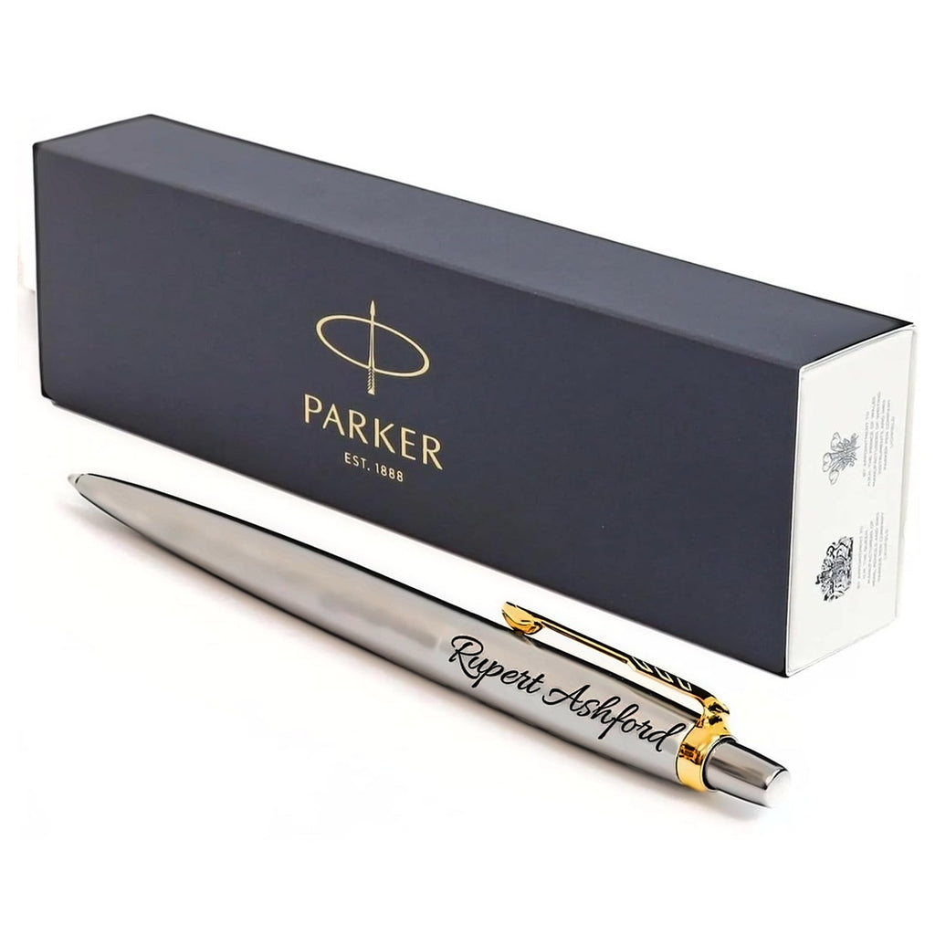 Personalised Parker Jotter Stainless Steel Gold Trim ballpoint pen engraved, with Parker gift box
