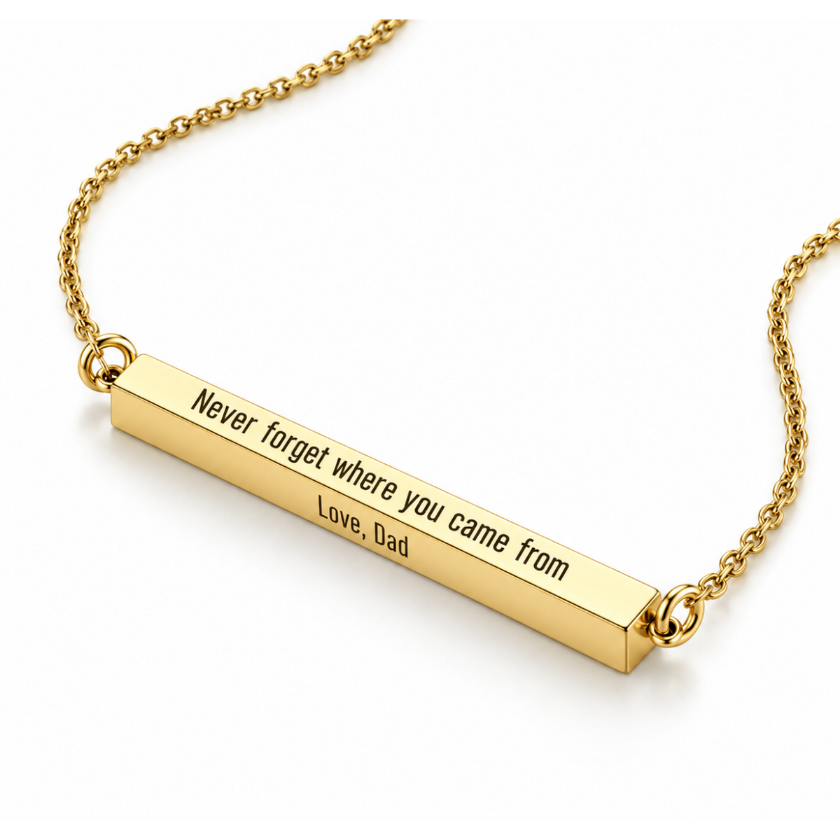 Personalised gold 3D bar necklace with engraved message