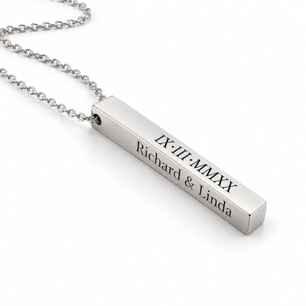 Personalised vertical bar pendant necklace in polished silver engraved with names and Roman numeral date