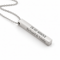 Personalised vertical bar pendant necklace in polished silver engraved with names and Roman numeral date