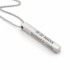 Personalised vertical bar pendant necklace in polished silver engraved with names and Roman numeral date