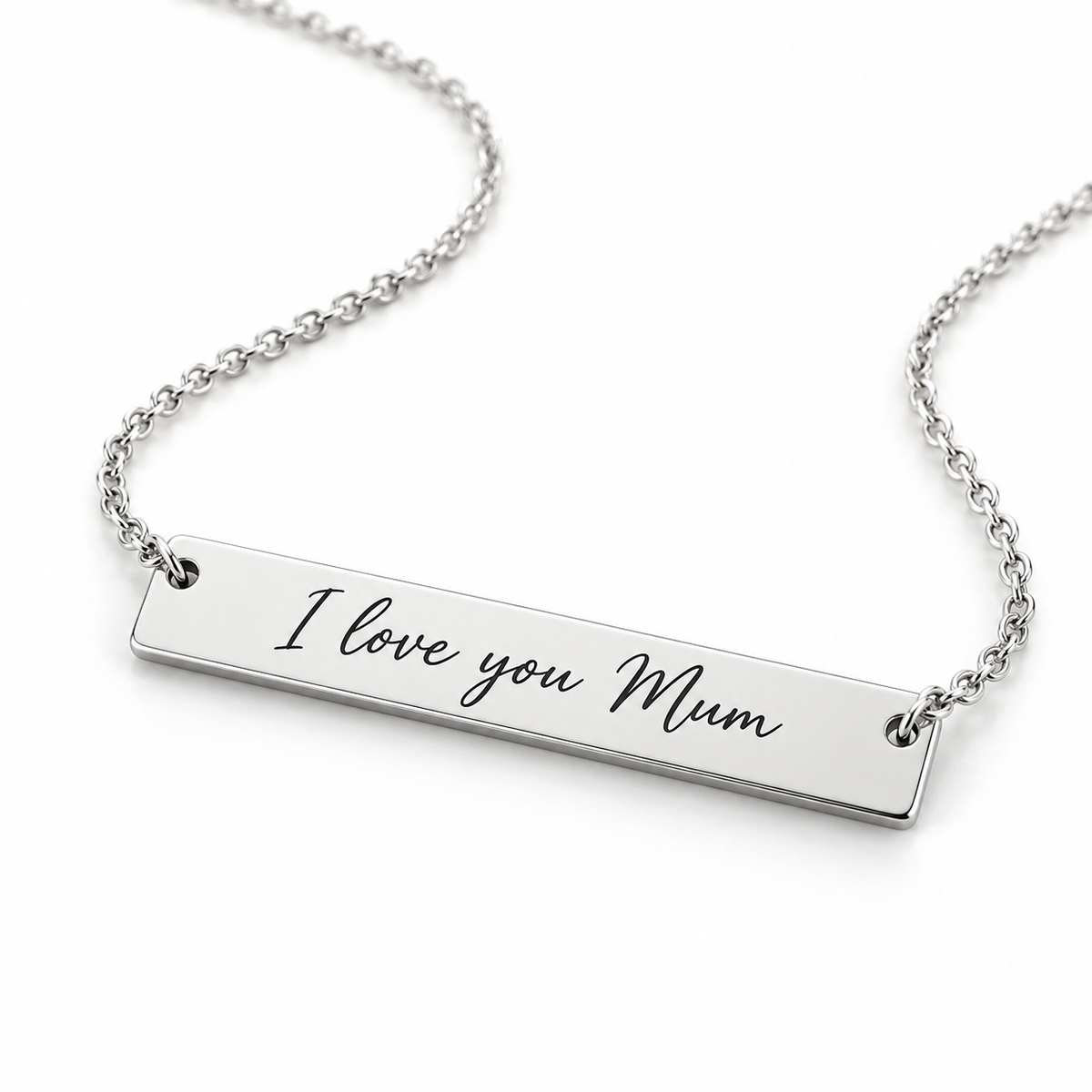 Personalised silver bar necklace engraved I love you Mum