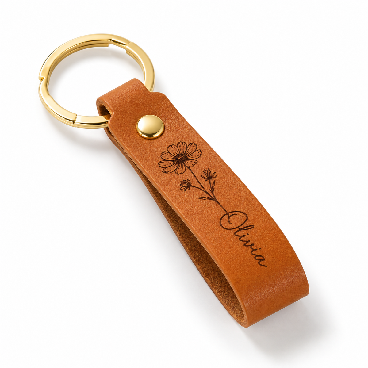 Personalised birth flower tan leather keyring engraved with a flower and name
