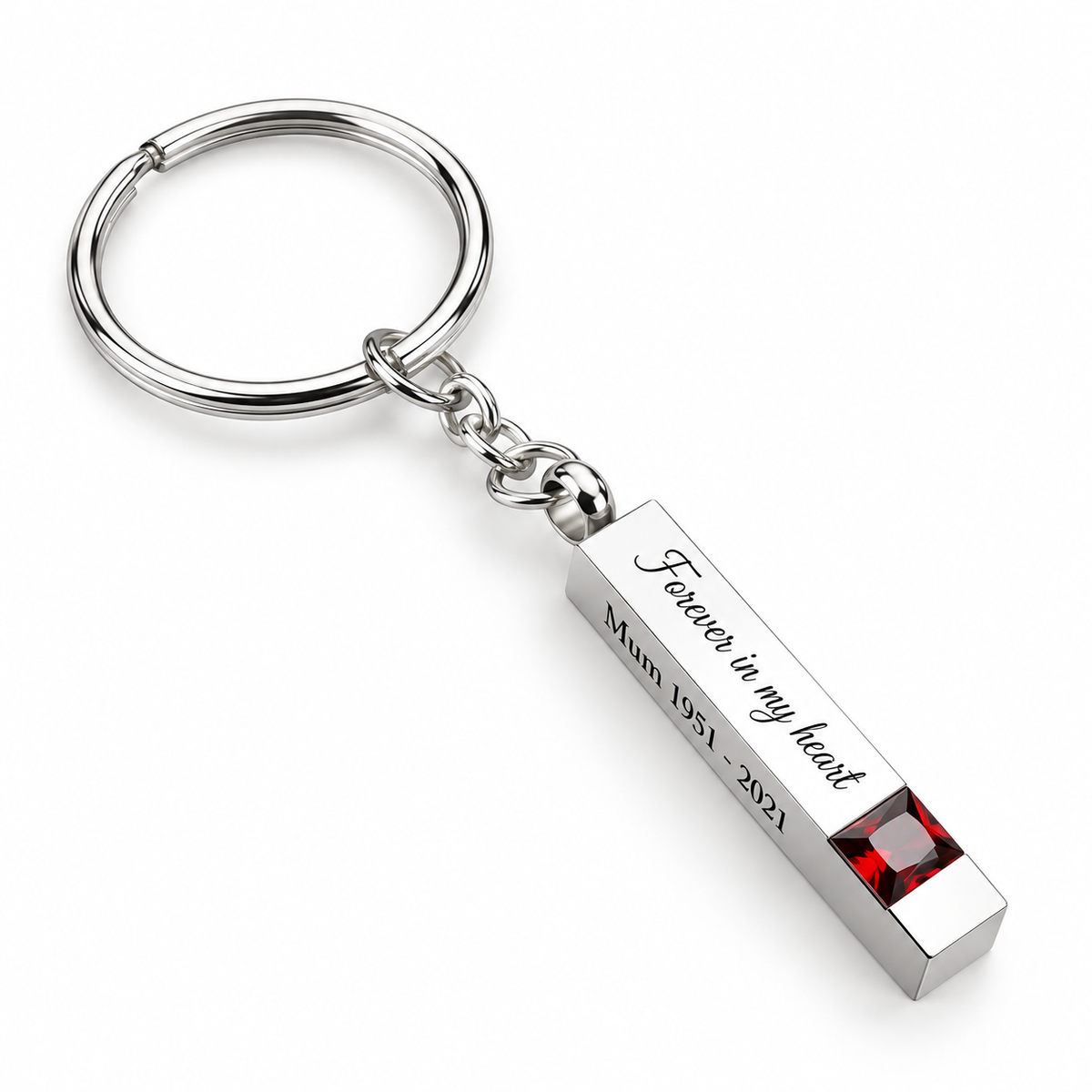 Personalised silver birthstone bar keychain with engraved memorial message - studio-main