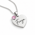 Personalised silver heart necklace with birthstone charm, engraved with a name