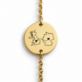 Personalised gold disc bracelet engraved with two country outlines and hearts