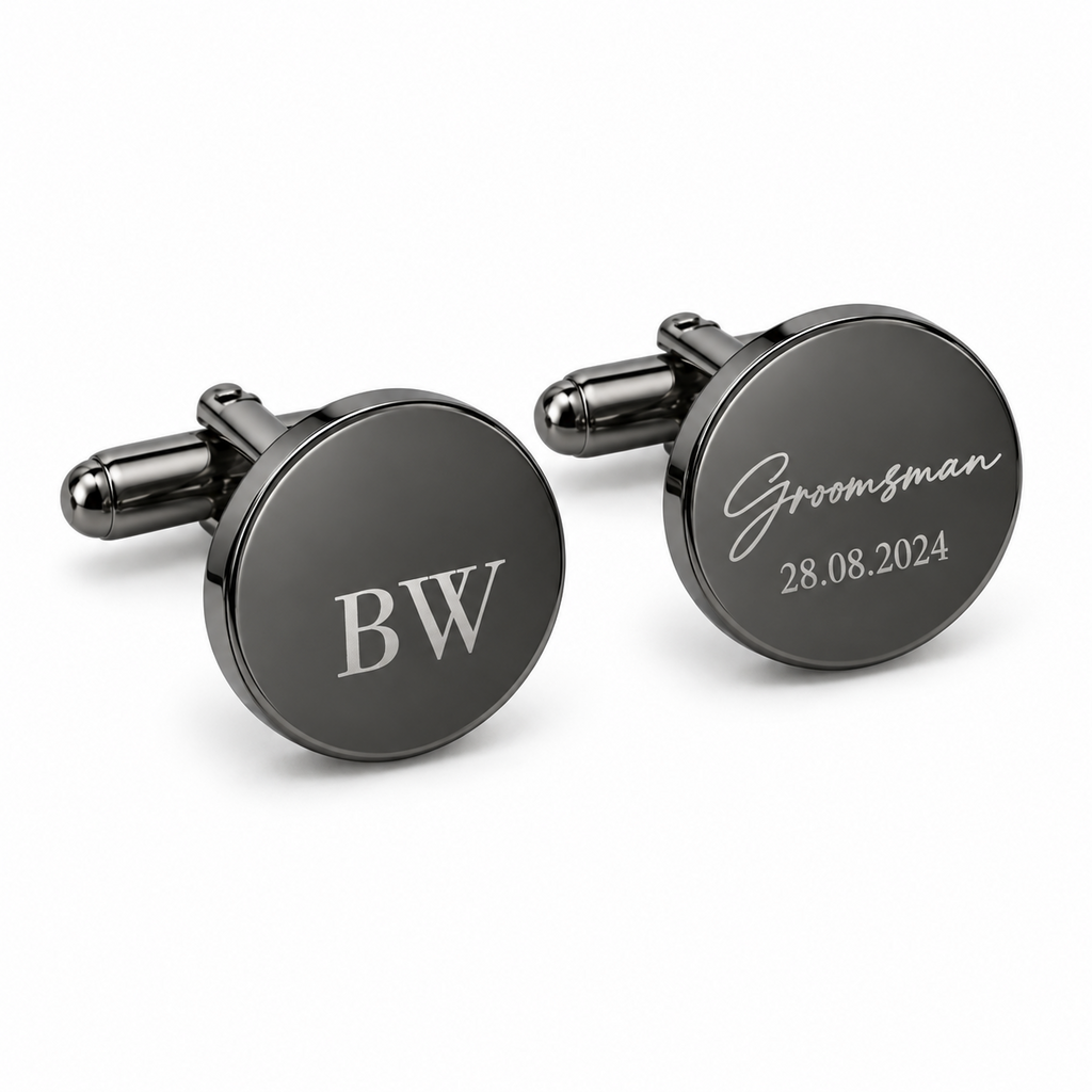 Personalised black gunmetal round cufflinks engraved with initials and Groomsman date