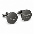 Personalised black gunmetal round cufflinks engraved with initials and Groomsman date