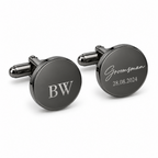 Personalised black gunmetal round cufflinks engraved with initials and Groomsman date