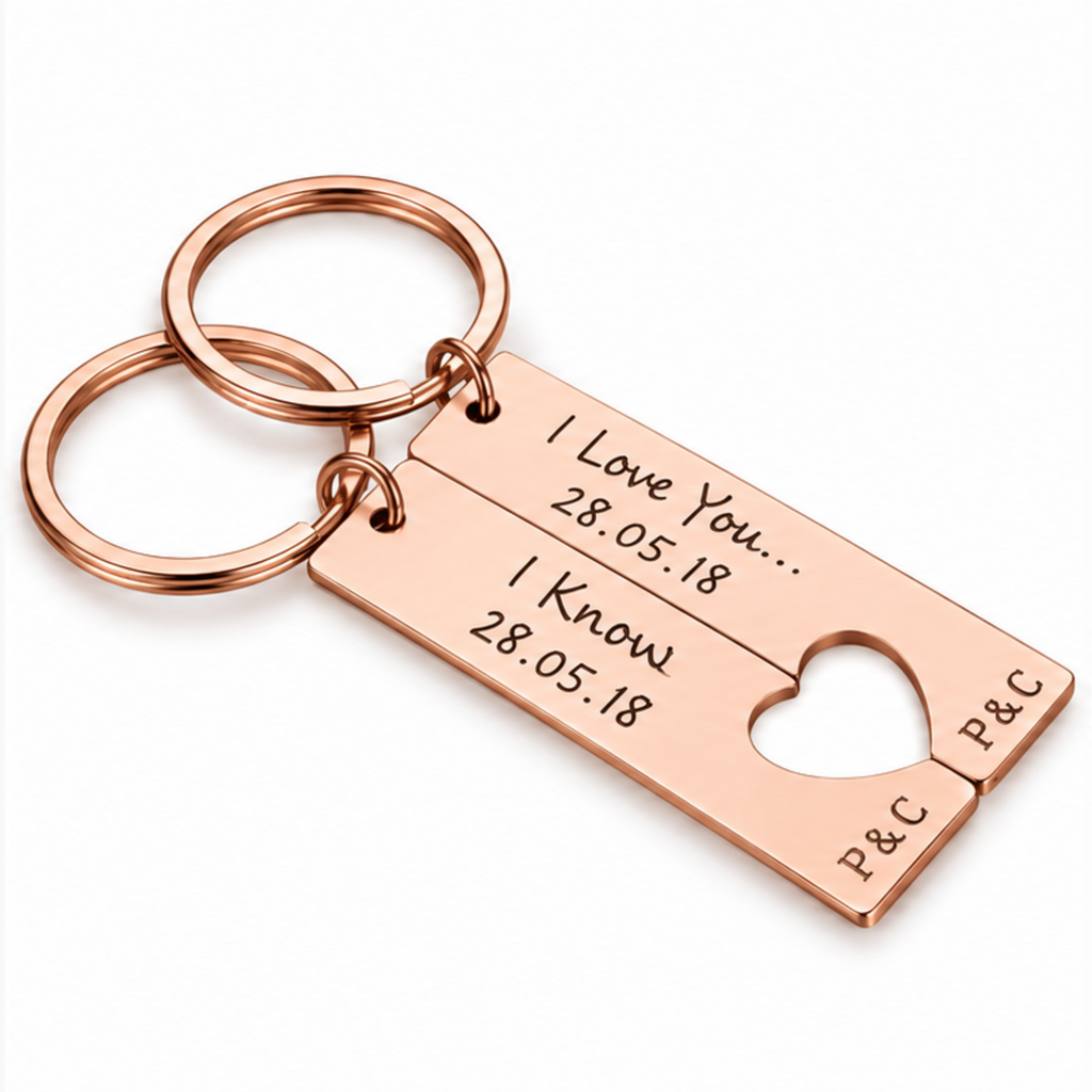 Personalised engraved heart keychain set in rose gold