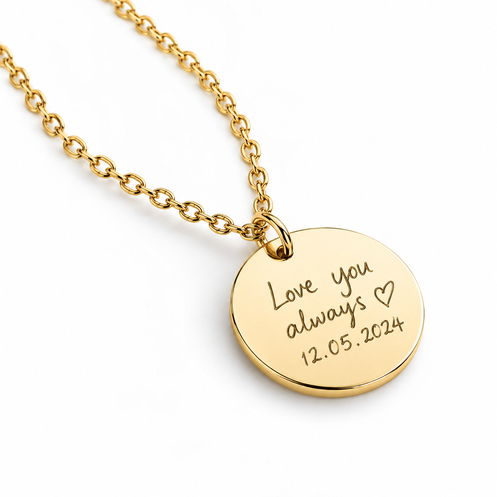 Personalised gold handwriting circle disc pendant necklace