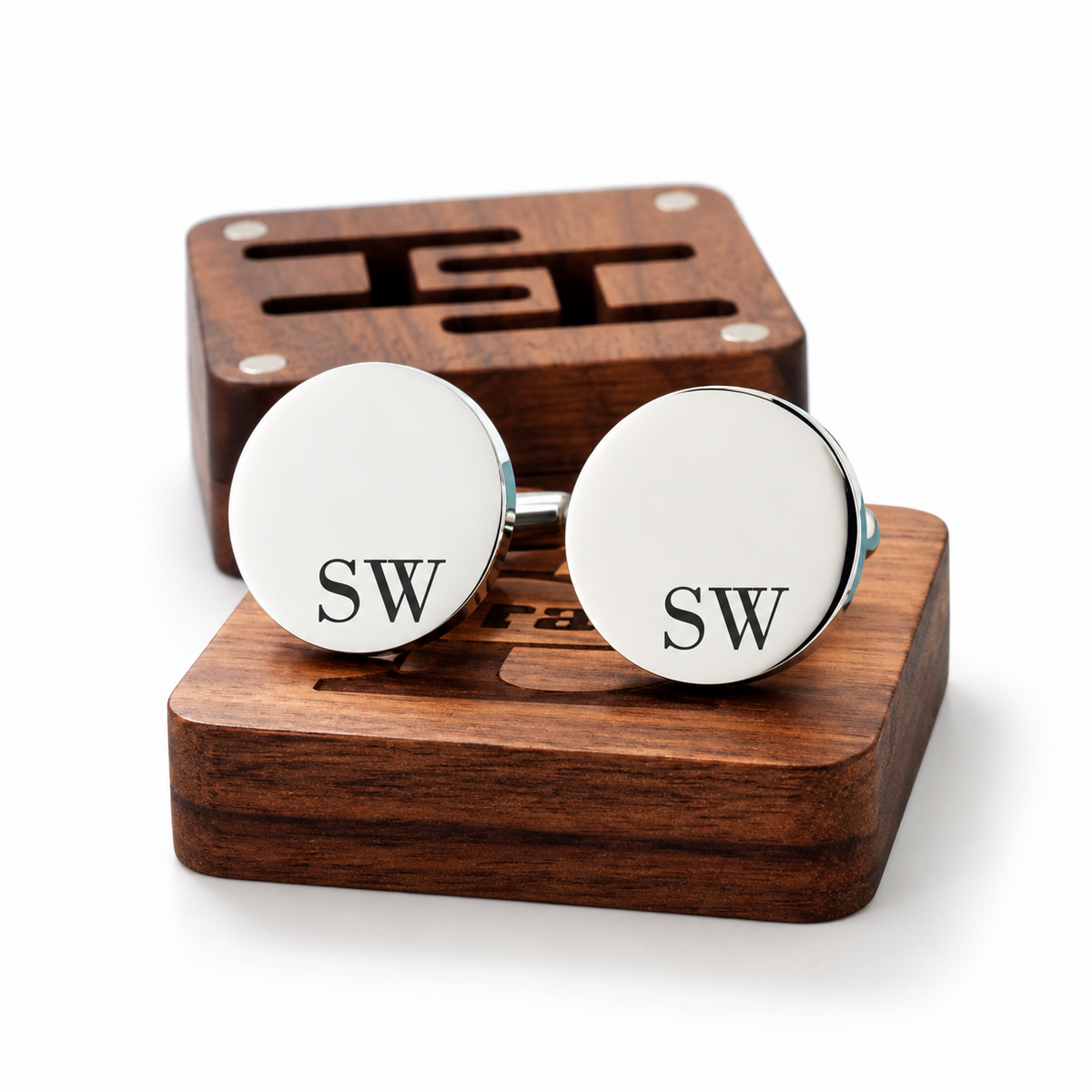 Personalised silver round initials cufflinks on walnut box