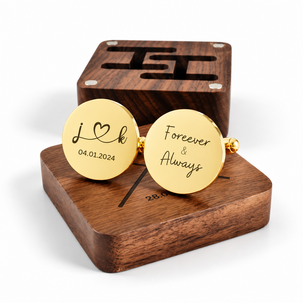 Personalised gold round initials cufflinks on walnut box