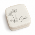 Personalised cream square travel jewellery box engraved with daisy flowers and a name
