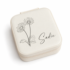 Personalised cream square travel jewellery box engraved with daisy flowers and a name
