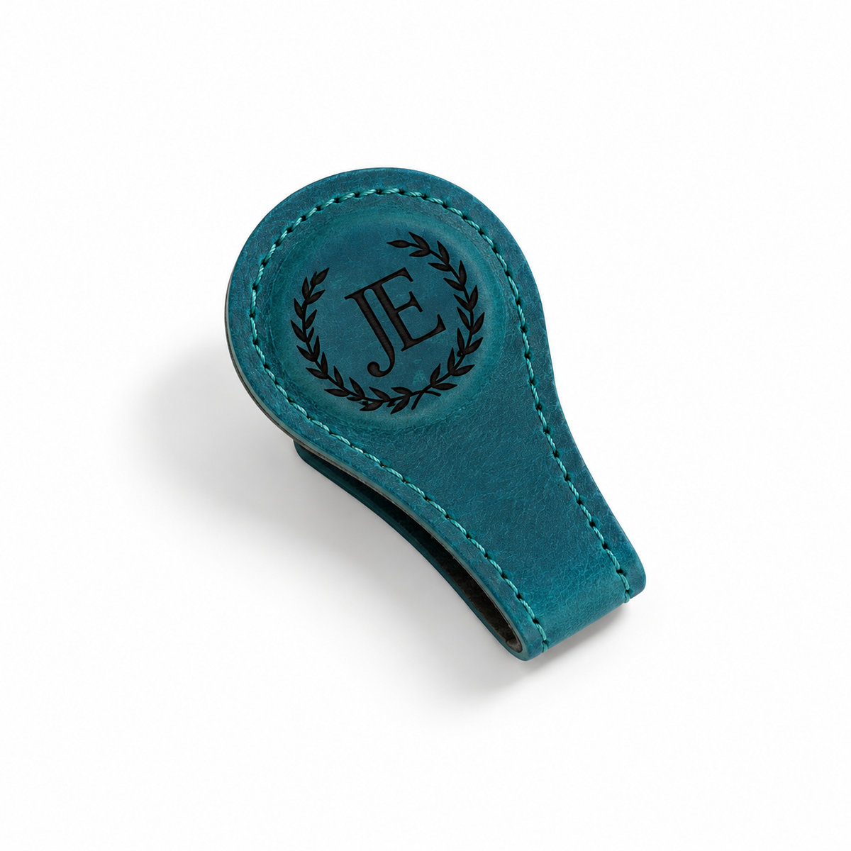 Personalised teal leather magnetic bookmark with laurel wreath and initials