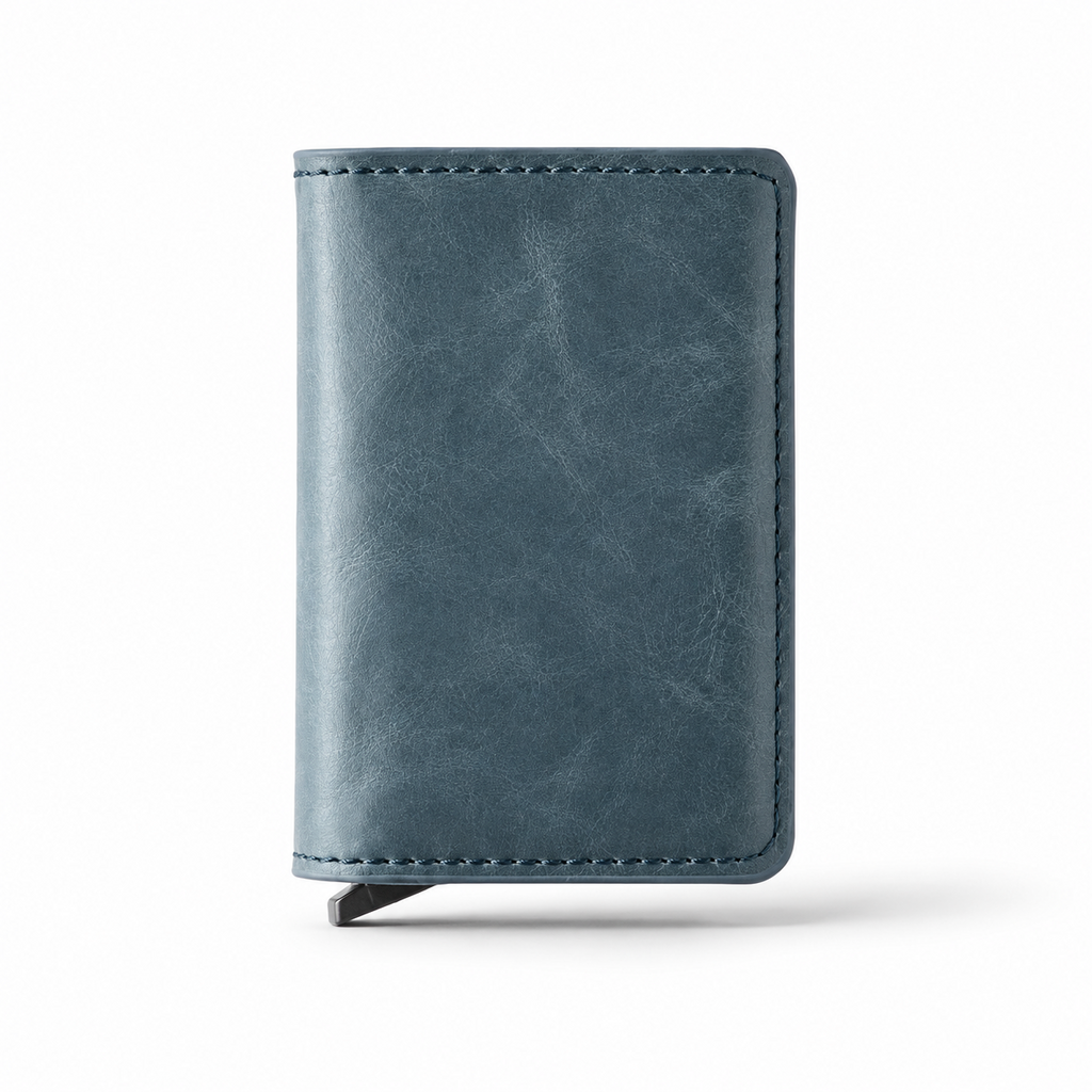 Blue-grey leather pop-up card wallet