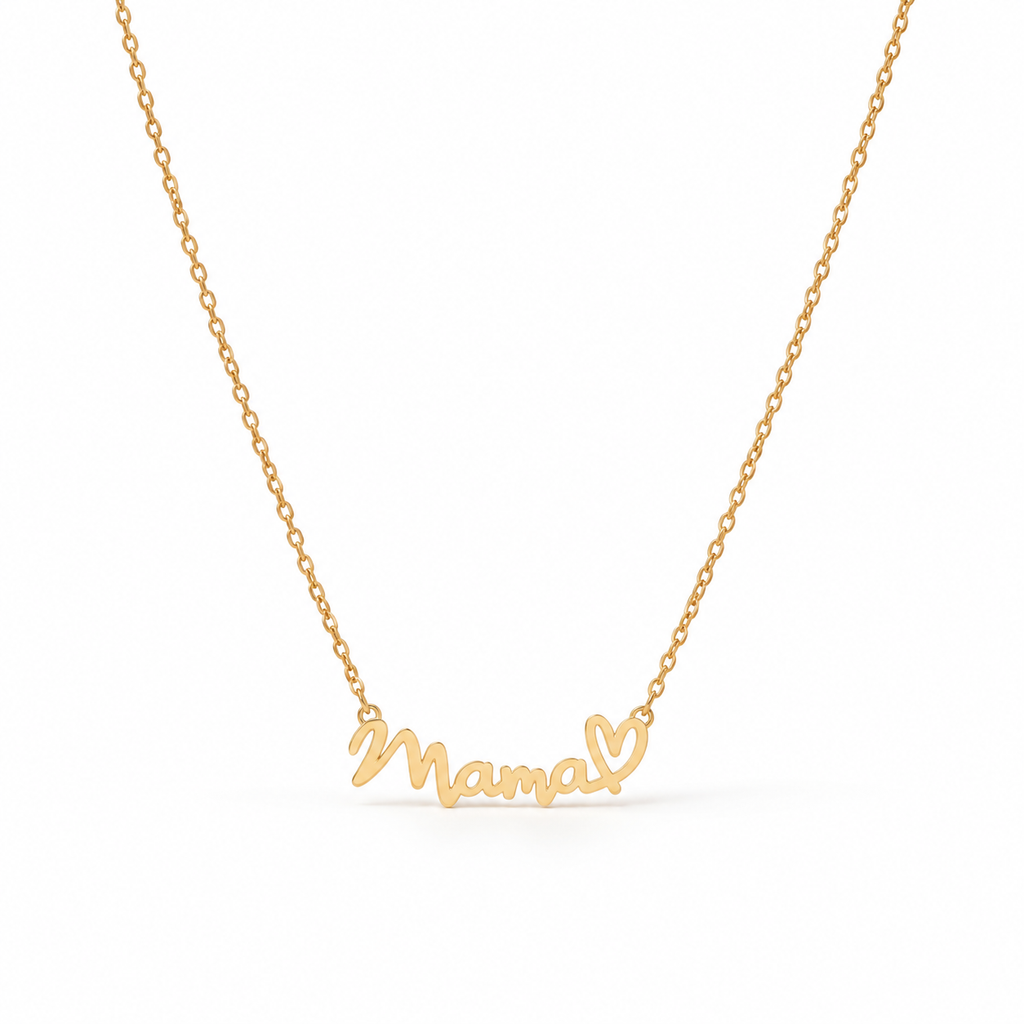 Personalised gold Mama script necklace with heart