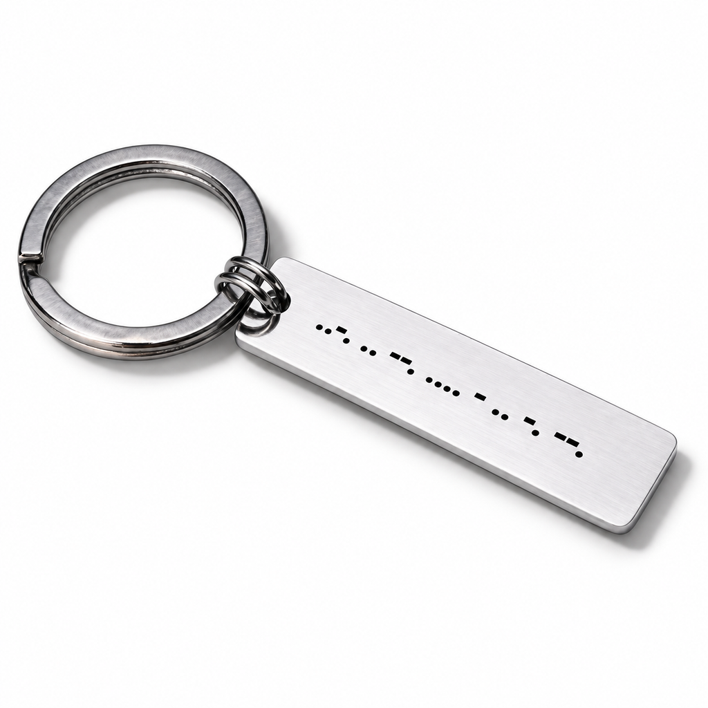 Personalised silver Morse code keyring, engraved flat plate on a steel split ring