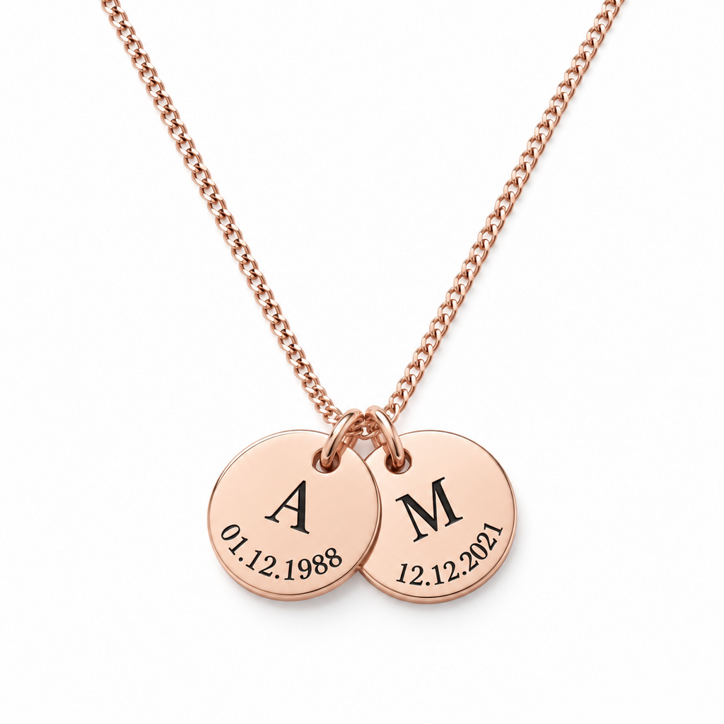 Personalised rose gold initial and date disc necklace