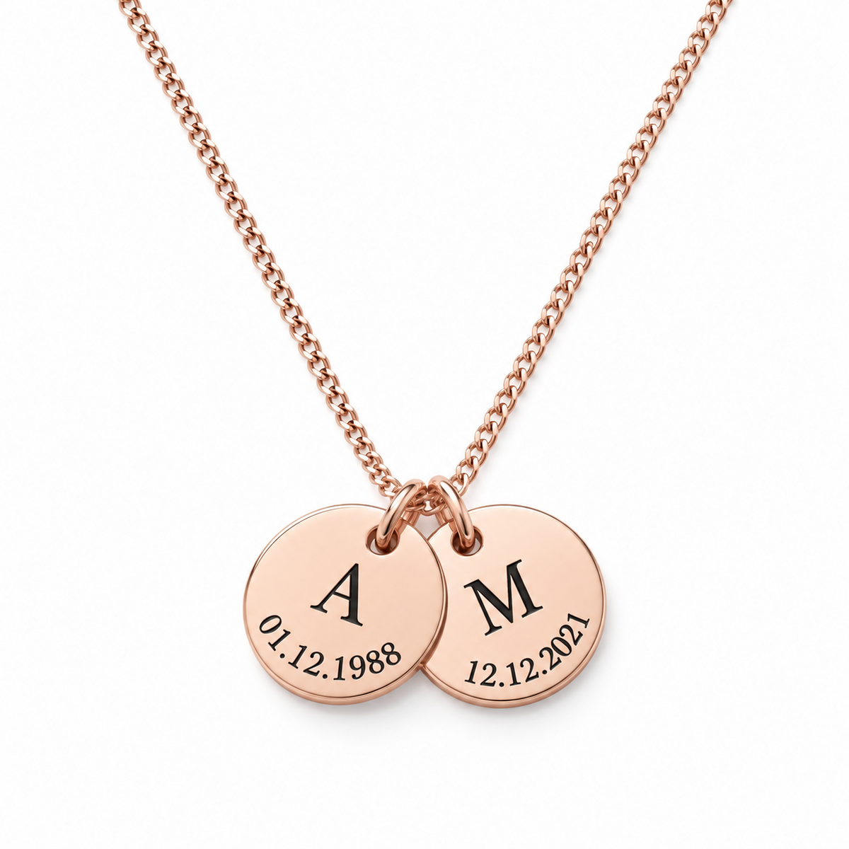 Personalised rose gold initial and date disc necklace