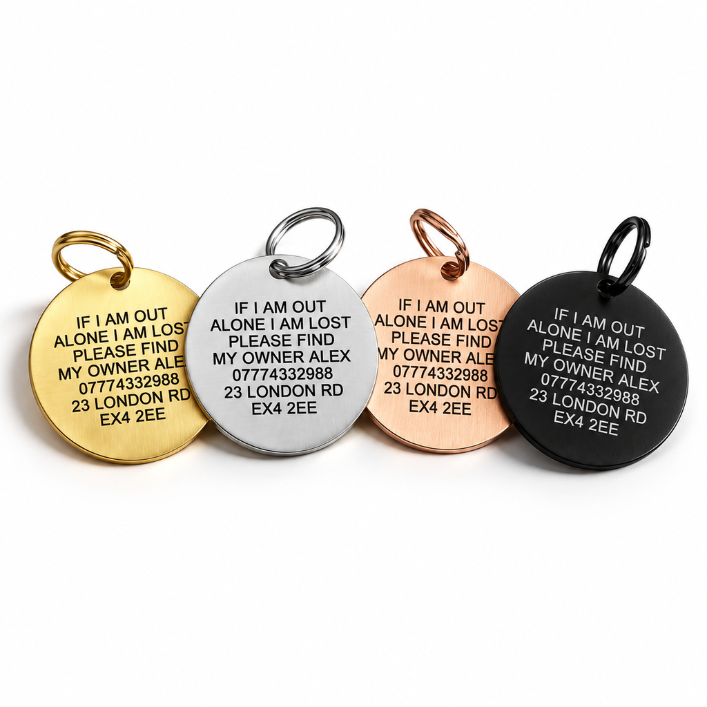 Personalised round engraved pet ID tags in gold, silver, rose gold and black