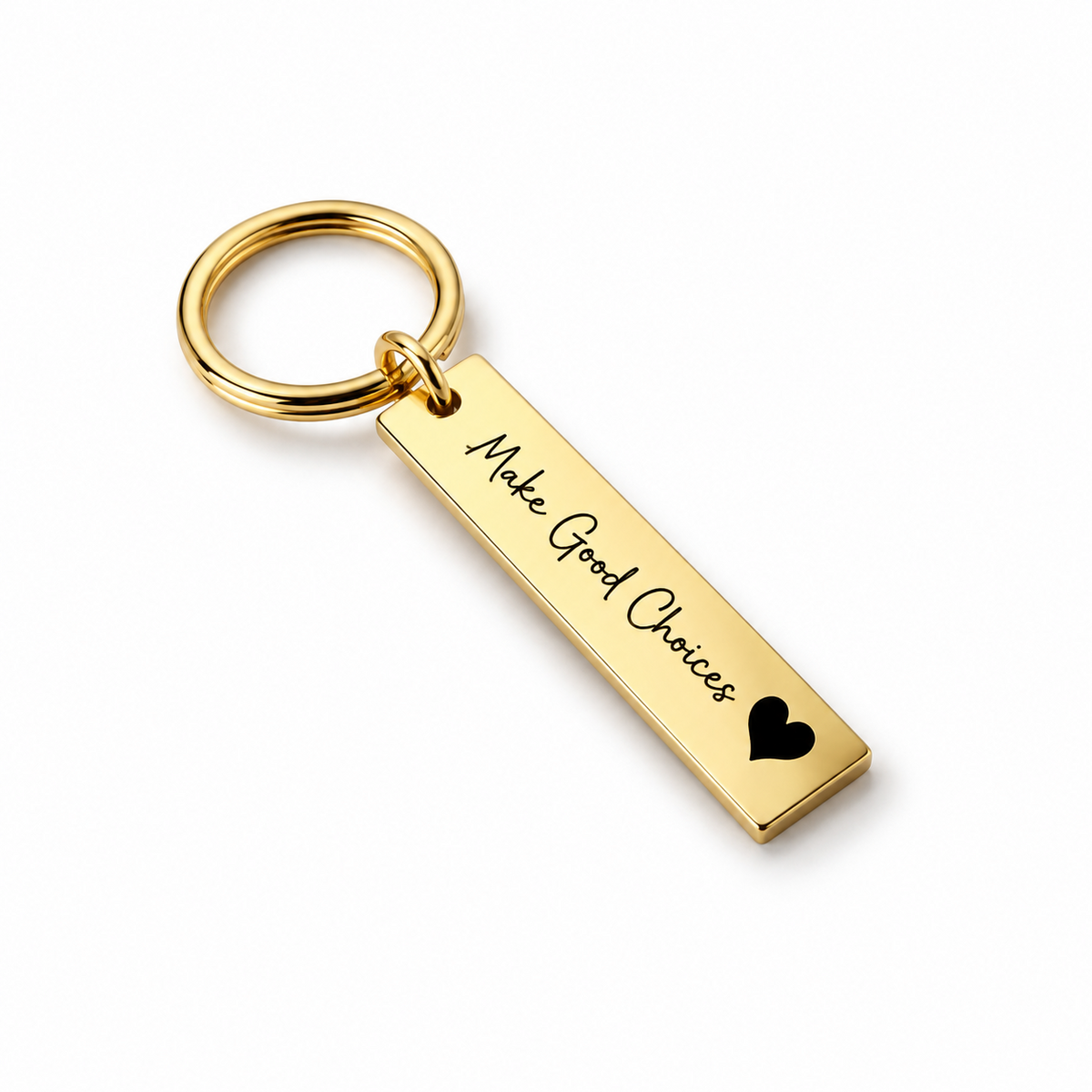 Personalised gold rectangle bar keychain with engraved text and heart