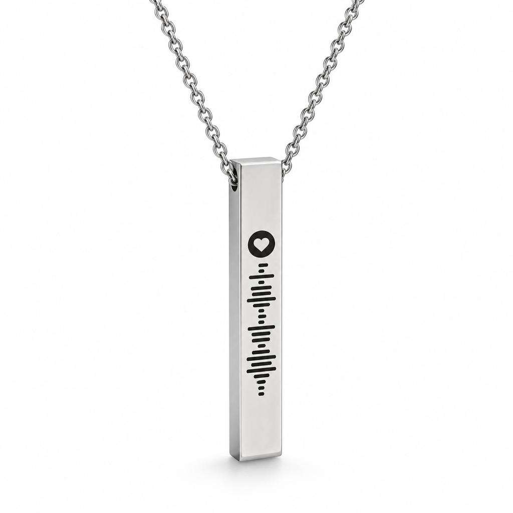 Personalised silver 3D bar Spotify code necklace with heart logo