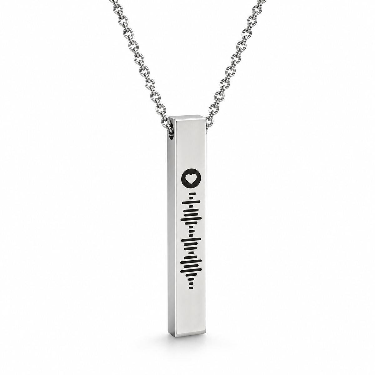 Personalised silver 3D bar Spotify code necklace with heart logo