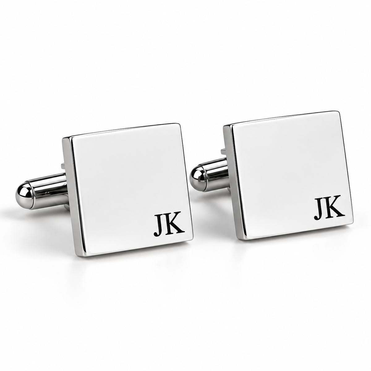 Personalised silver square cufflinks engraved with JK initials