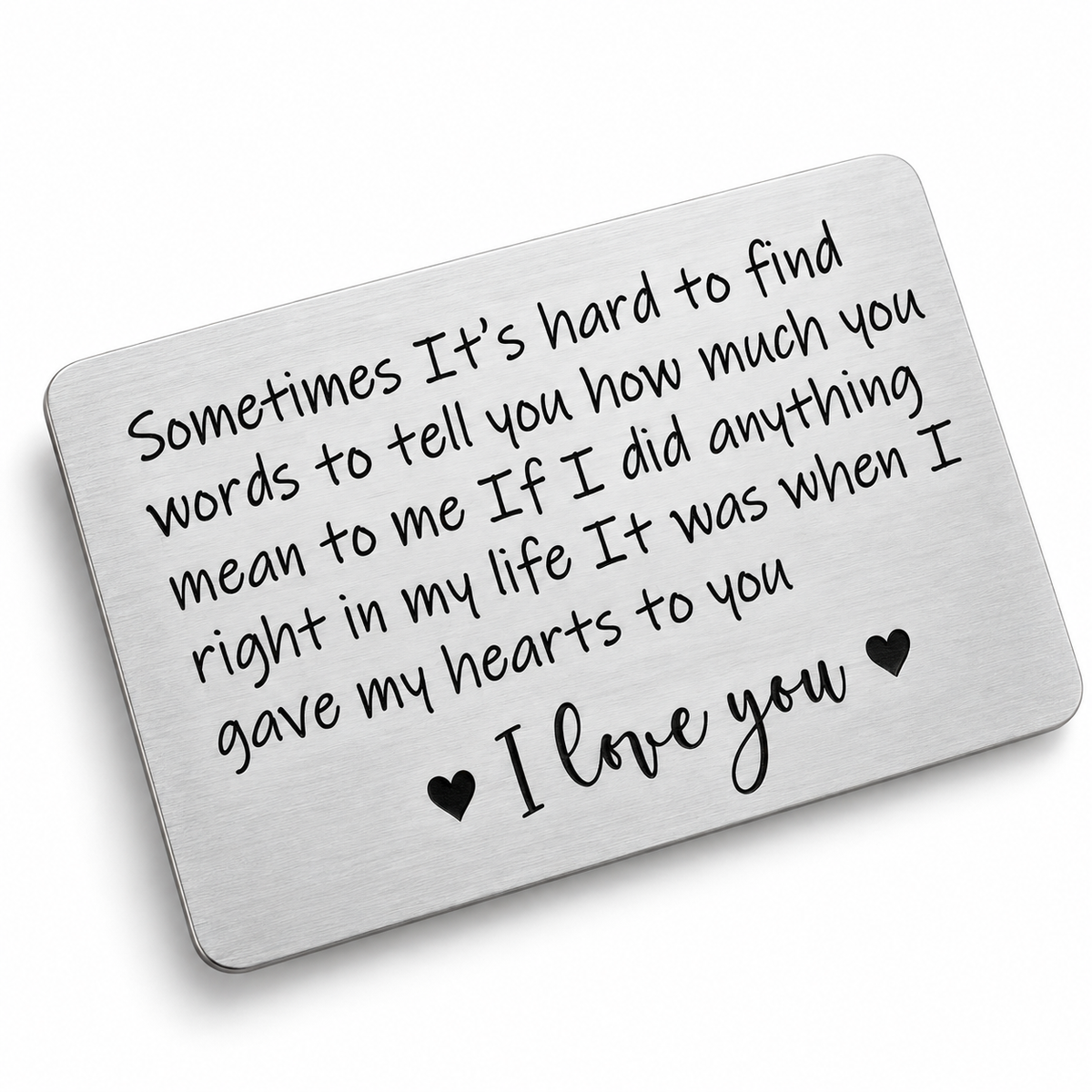 Personalised engraved silver metal wallet card with love message