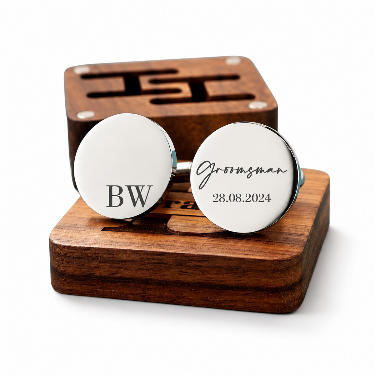 Personalised silver round cufflinks with walnut box
