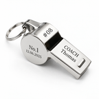 Personalised stainless steel whistle with key ring, engraved with #08 on top, COACH Thomas on the side and No.1 12.06.2025 on the round face