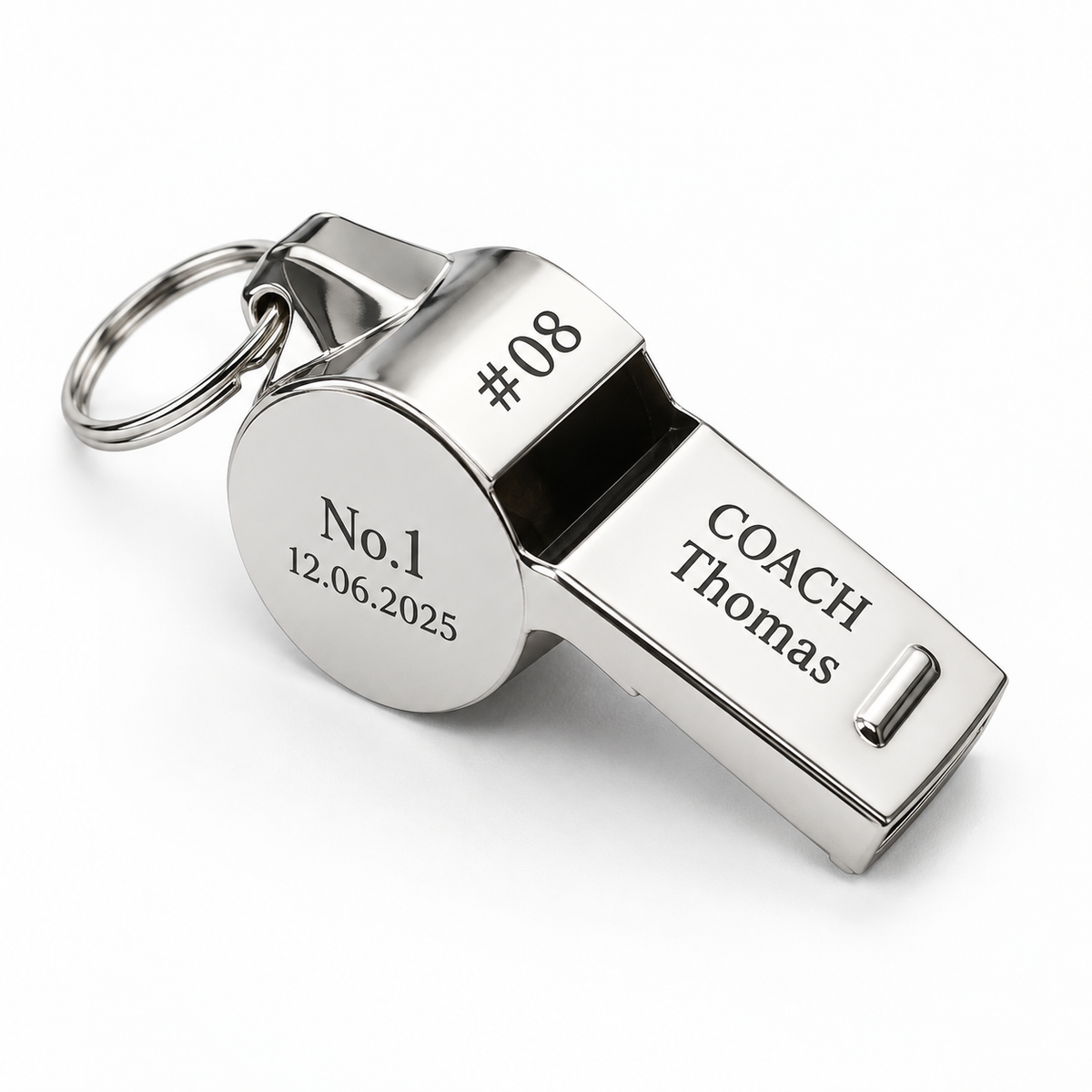 Personalised stainless steel whistle with key ring, engraved with #08 on top, COACH Thomas on the side and No.1 12.06.2025 on the round face