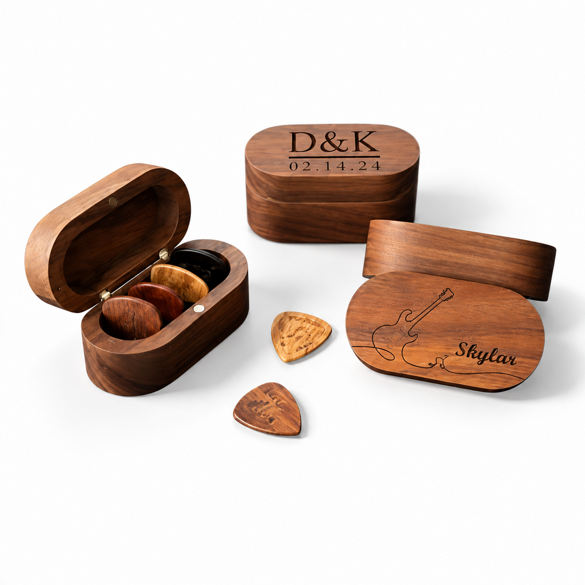 Oval walnut guitar pick boxes engraved with initials and name