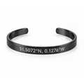 Personalised black cuff bracelet engraved with coordinates
