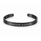 Personalised black cuff bracelet engraved with coordinates
