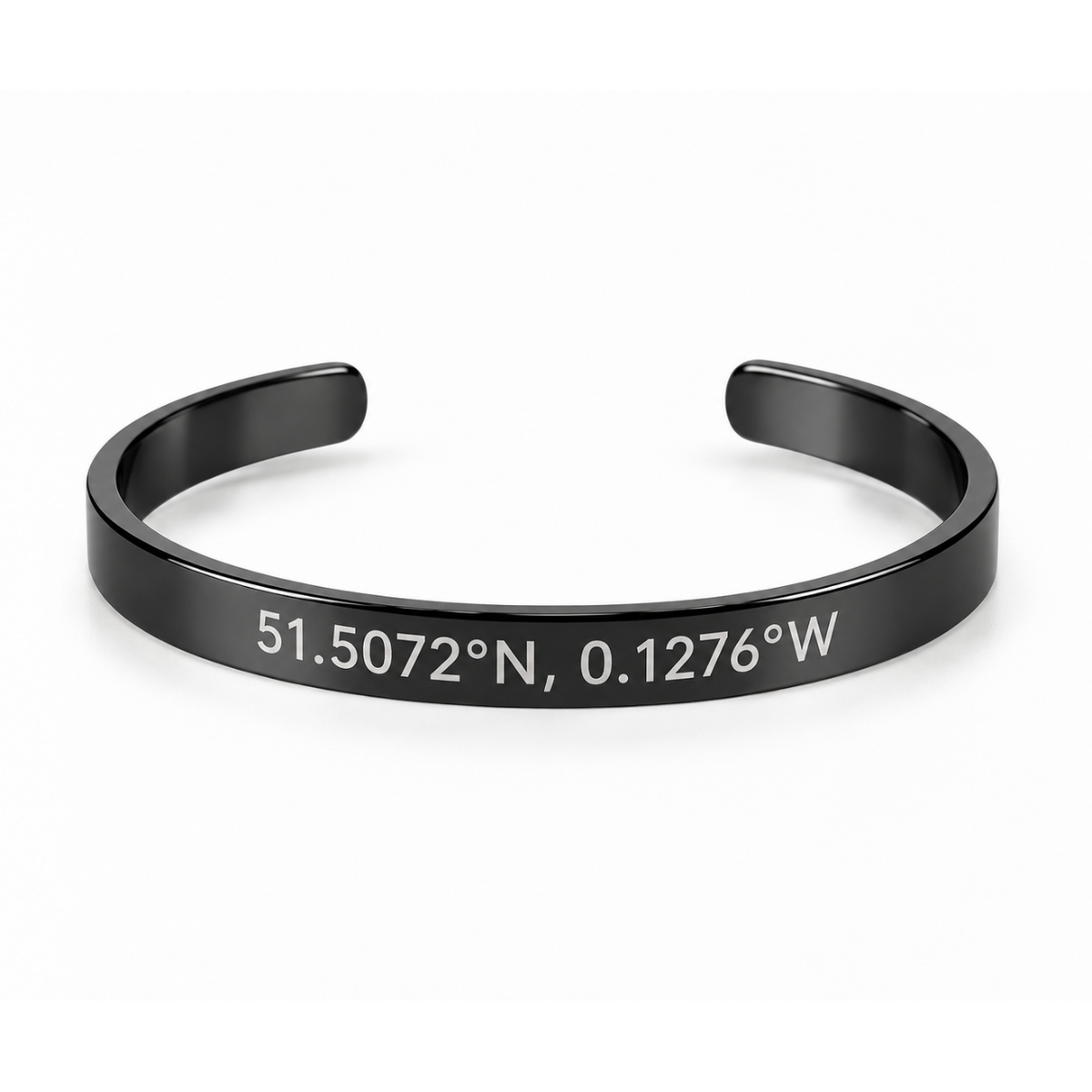 Personalised black cuff bracelet engraved with coordinates